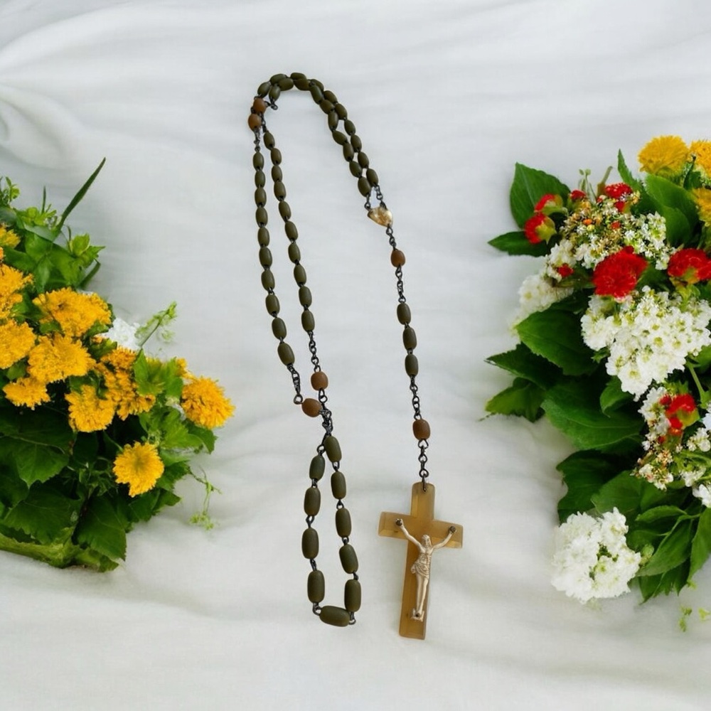 Antique Olive Green Rosary Necklace